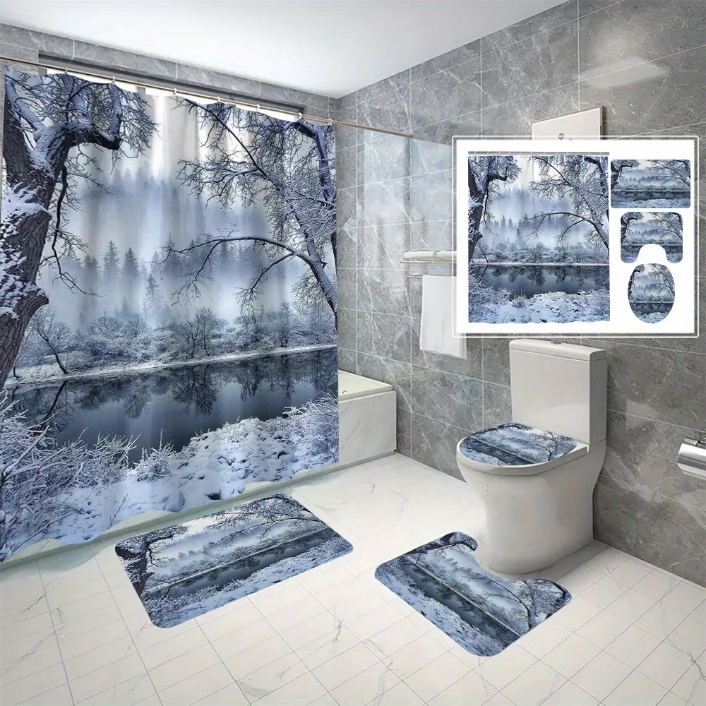 

4pc Snowscape patterned bathroom set, including shower curtain, U-shaped floor mat, non-slip mat, and toilet seat cover.