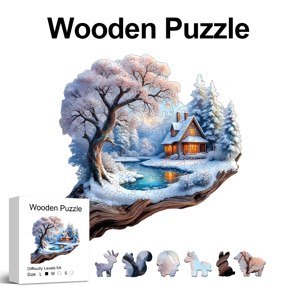 Treehouse in the Snow Wooden Puzzle for Adults, Unique Shaped Pieces, Exquisite Gift Box, Brain Exercise, Room Decor