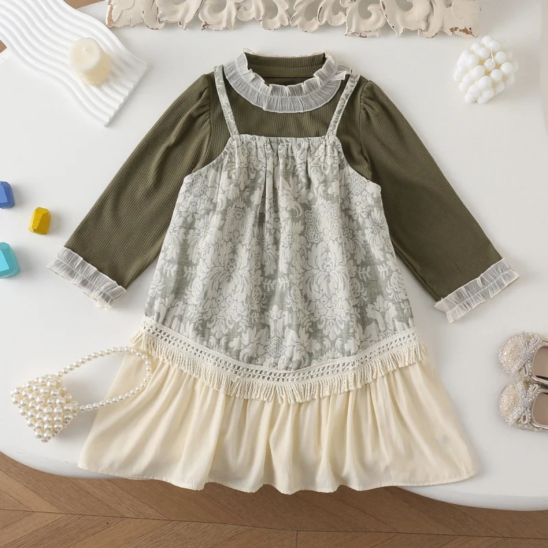 

Children's Outfit New Autumn Girls' Fashionable Tassel Pattern Patchwork Strap Dress+Cool Base Layer Shirt Two-Piece Set