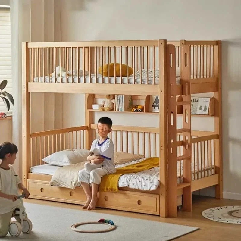 Premium Nordic Kids Beds Solid Wood Bunk Upper Lower Modern Children Beds Raised Guardrails Girl Safe  Home Furniture