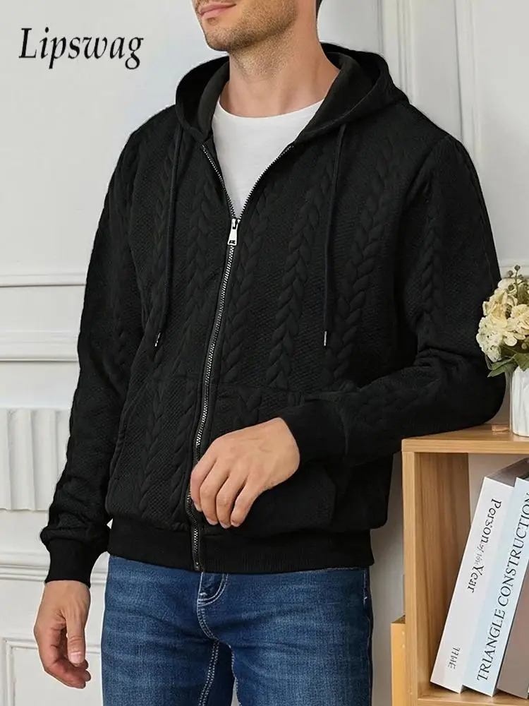 

Vintage Textured Jacquard Hooded Sweatshirts Men Cardigan Tops Spring Fall Stylish Drawstring Jacket Coat Mens Stylish Outerwear