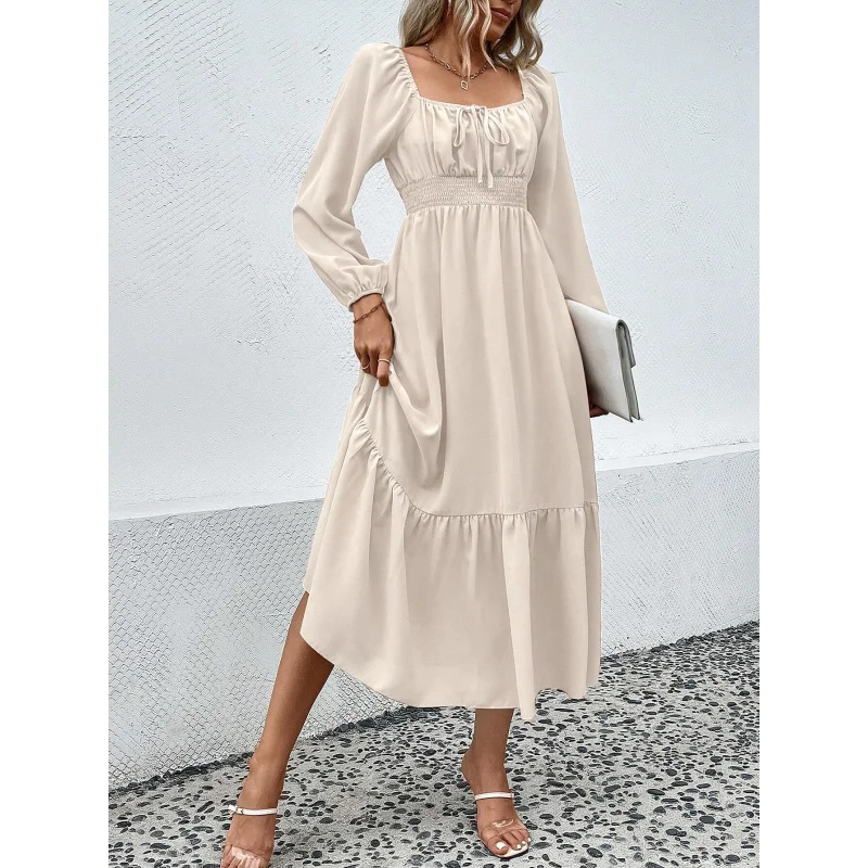 YQ1-المرأة الخريف الشتاء جديد الخصر مقصوص تنحنح كبير كم طويل ساحة الرقبة أنيقة ركاب فستان طويل