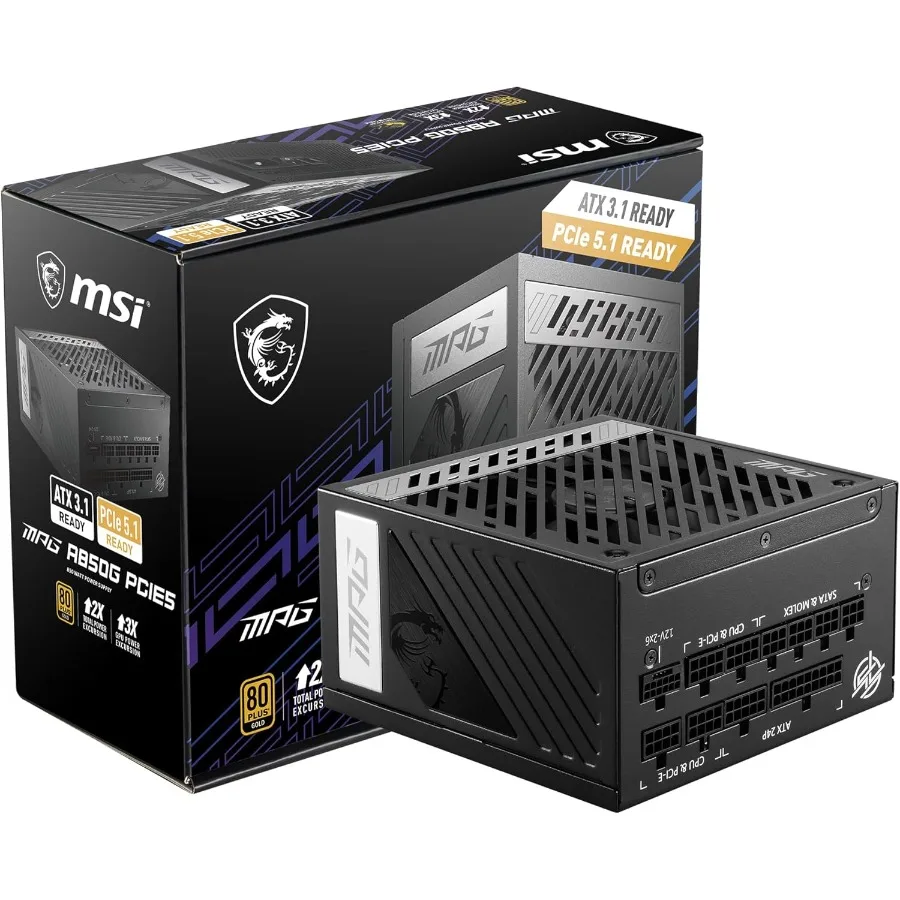 مصدر طاقة الألعاب MPG A850G PCIE 5.1 وATX 3.1 - وحدات كاملة - 80 Plus Gold Certified 850W - 100% ياباني 105 ° مكثف C