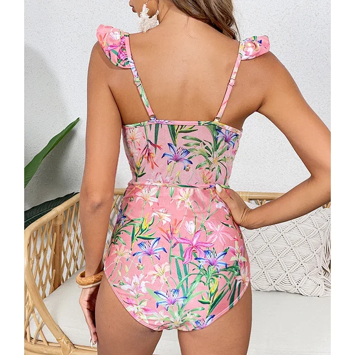 FLAXMAKER Floral Print One Piece Swimsuit and Mesh Splicing Sarong Summer Swimwear Women Beachwear