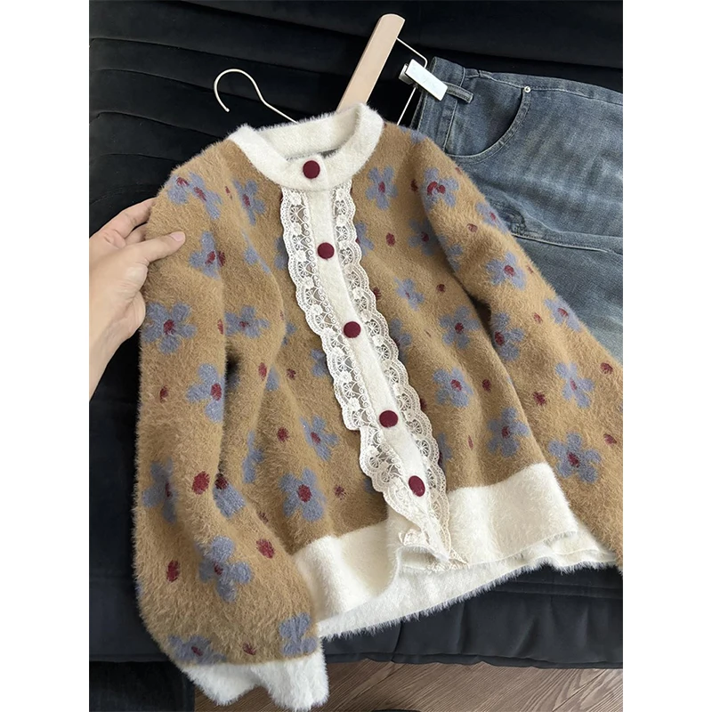 

Vintage Floral Knitted Cardigan Women Lace Patchwork Sweater Outerwears Harajuku Korean Long Sleeve Knitwears Winter Jumpers New