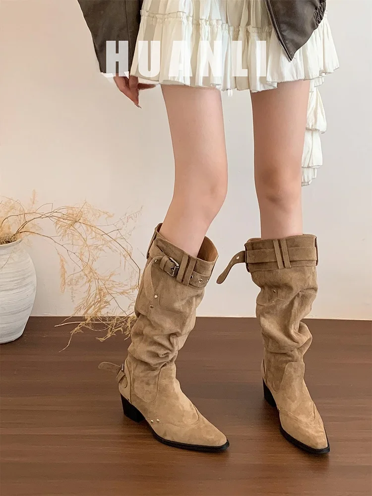 

Knee-high Women's Boots Autumn Winter Fashion Thick Heel Slim Pointed Toe Belt Buckle Folded Hem Boots Korean Style Short Tube