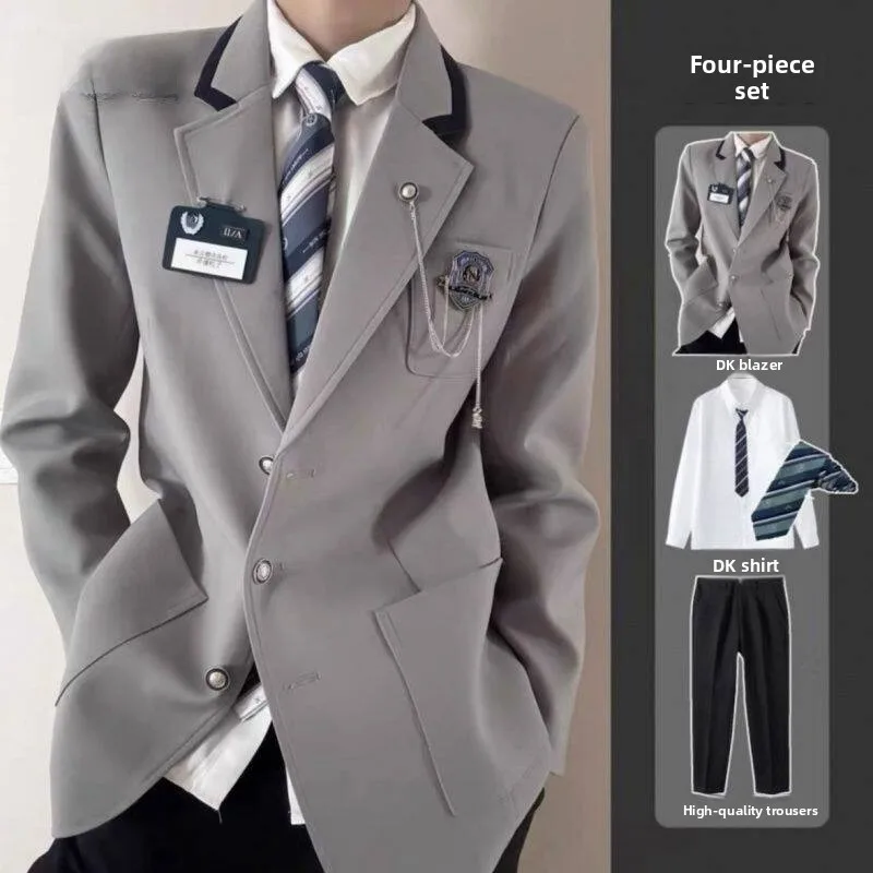 Korean Style College Uniform Men's Suit Set Shoulder Pads Formal Adult Clothing Three Buttoned Plain Color Business Casual