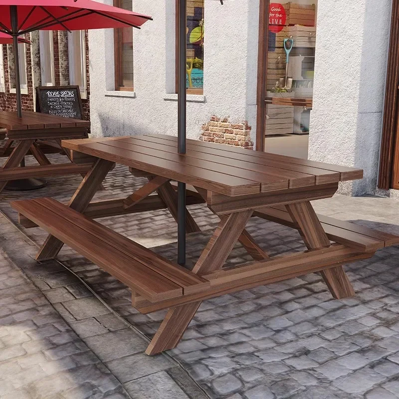 Outdoor community preservative wood one-piece tables and chairs with umbrella park outdoor courtyard solid wood leisure tables a