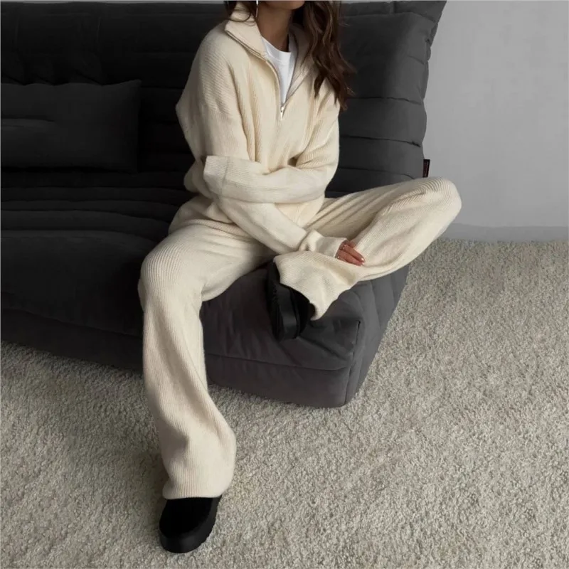 2025 New Womens Half-Zip Turtleneck Knit Set Spring & Autumn Export Style Casual Suit Soft Stretch Fabric Comfort Fit for Office