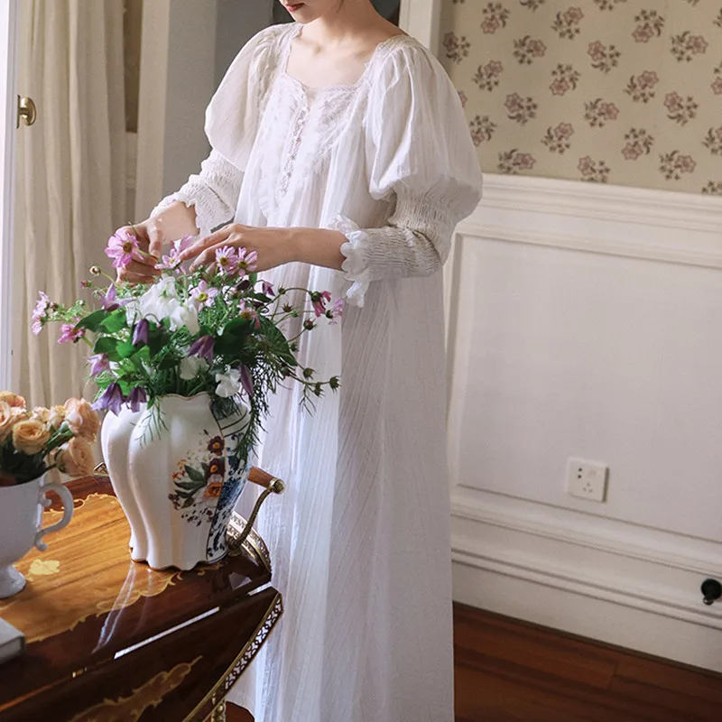 2024 Women French Style Cotton Long  Nightdress Sexy Lace Decor Square Collar Nightgowns Girls Sweet White Mid-Calf Nightie New