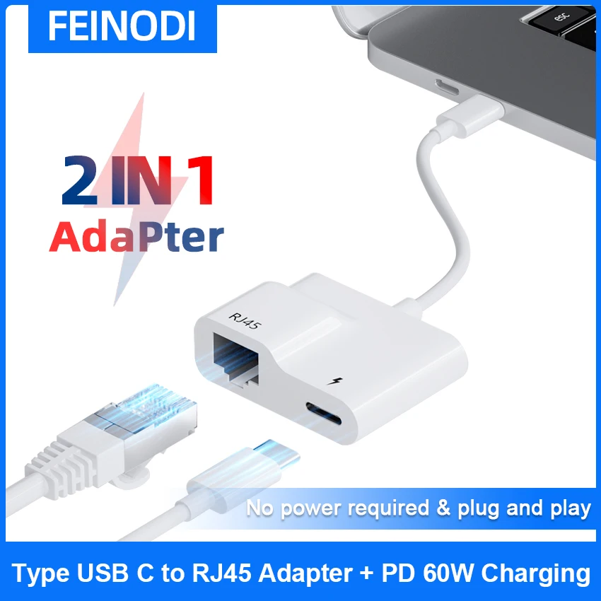 Type USB C to Ethernet RJ45 Adapter with PD 60W Charge 10/100Mbps LAN Network Hub for MacBook Pro/Air iPad Pro Xiaomi and More