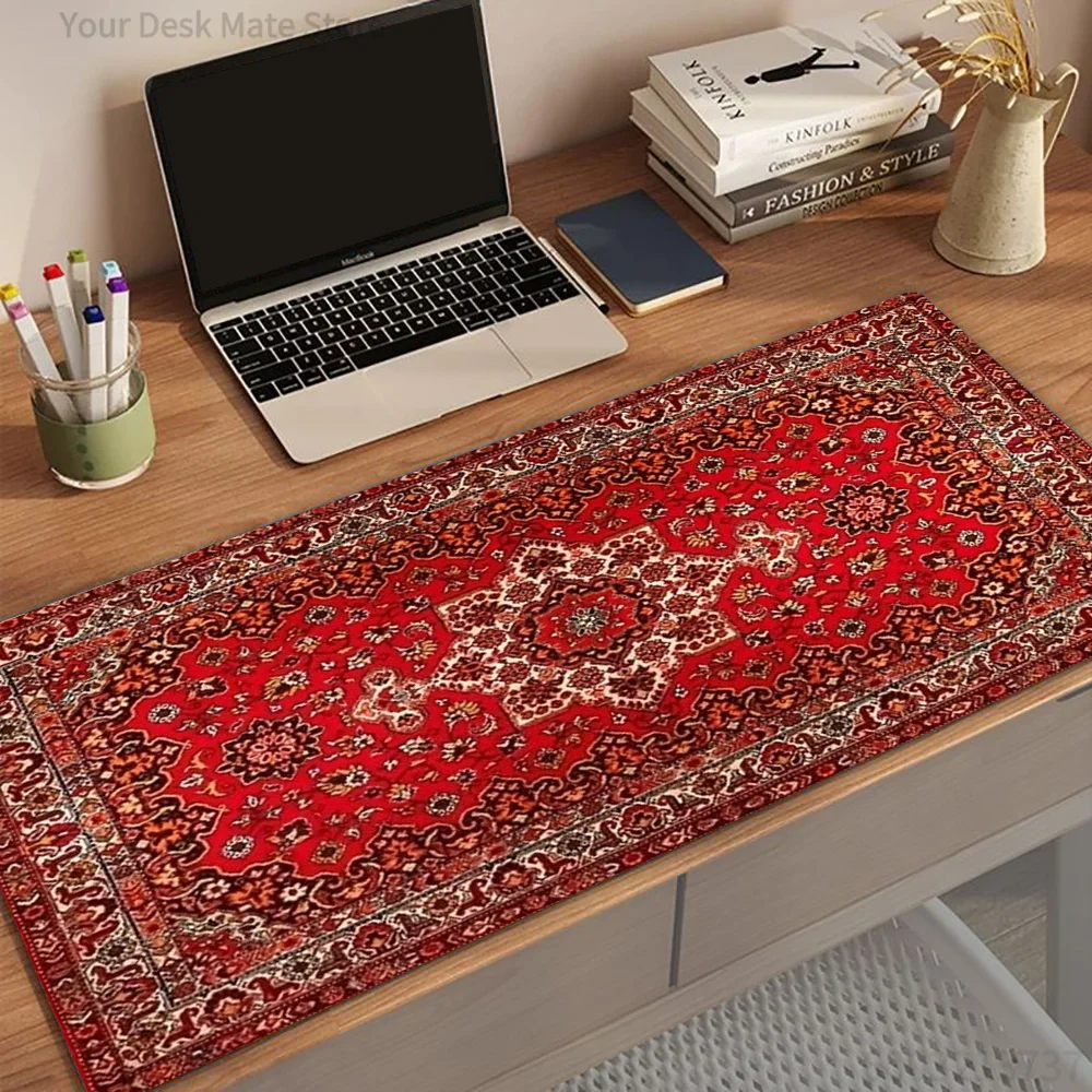 Grand tapis de souris étendu rouge à motif persan vintage, tapis de bureau antidérapant, tapis de jeu, tapis de souris xxl