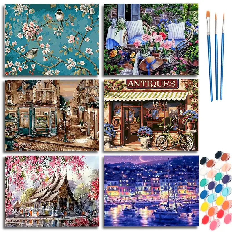 

CHENISTORY Painting By Number Town Landscape Kits For Adults Handpainted Drawing On Canvas DIY Coloring By Number Home Decor