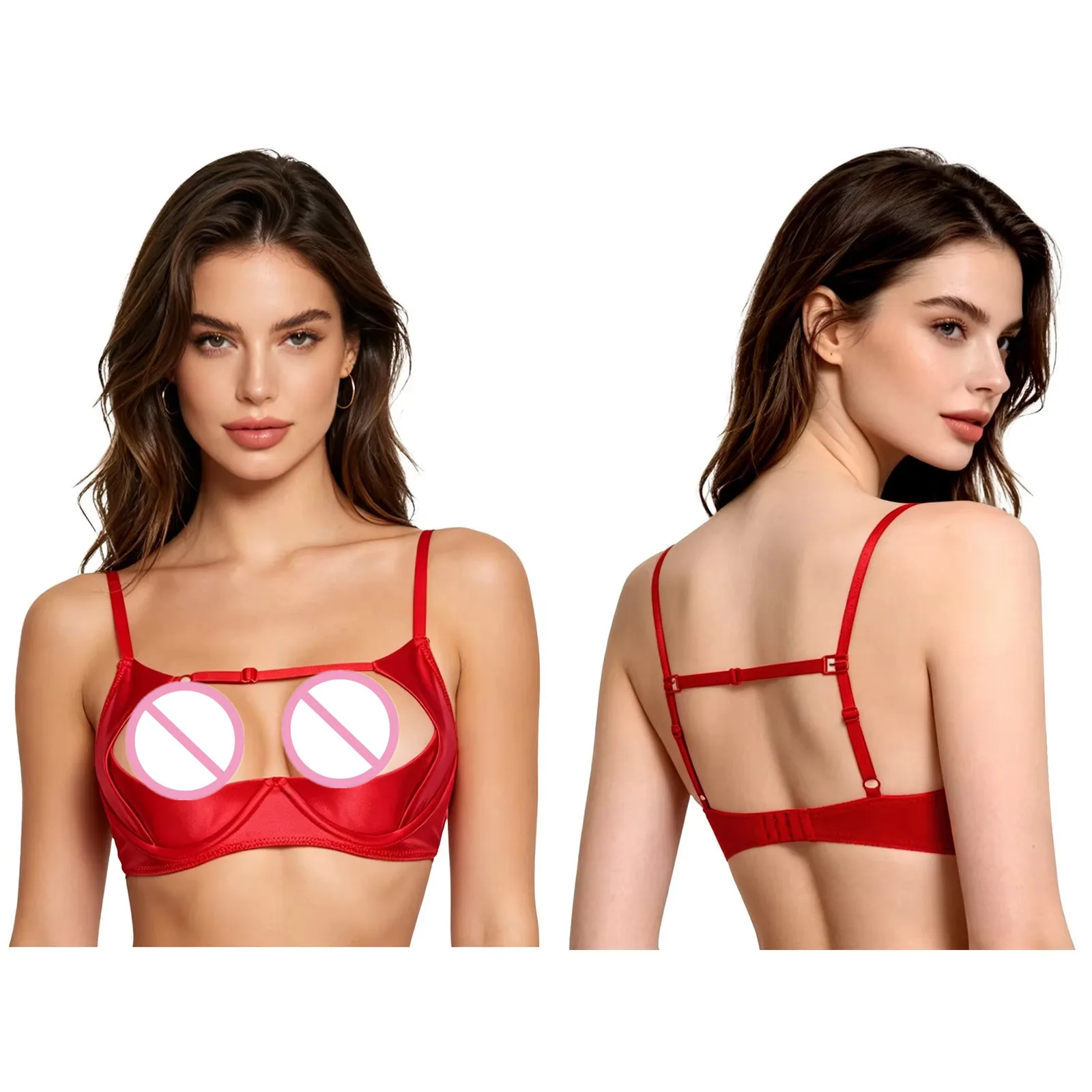 Women Open Cups Expose Nipples Satin Bra Push-up Underwire Chest Brace Balconette Lingerie Nightwear for Couple Game Nightclub