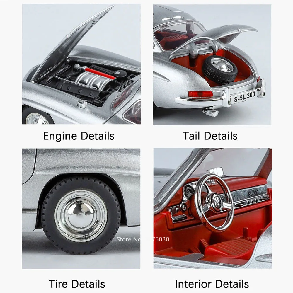 مقياس 1:24 نماذج 300SL لعبة سيارات مصنوعة من خليط معدني مع صوت خفيف عجلة سيارة عتيقة التراجع 4 أبواب مفتوحة مركبة لهدايا الأطفال والكبار