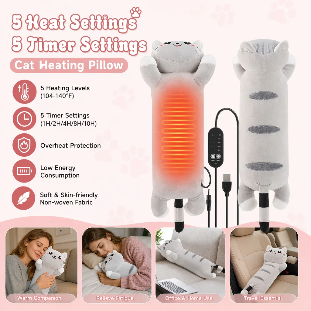 USB Powered Electric Heating Pad Period Heated Plush Cute Cat Throwing Pillow Lovely Cat Heating Pad for Period Cramps Menstrual
