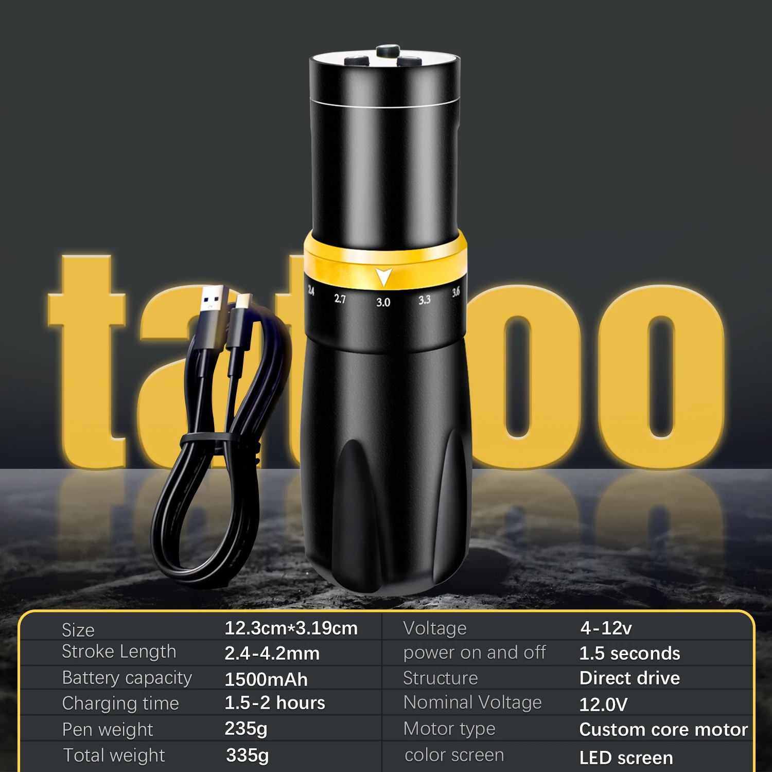 

Беспроводная вращающаяся тату-машинка, ручка для татуировки, регулируемая ручка с коротким ходом 2,4–4,2 мм, мощность ручки 4–12 В, принадлежности для татуировщика