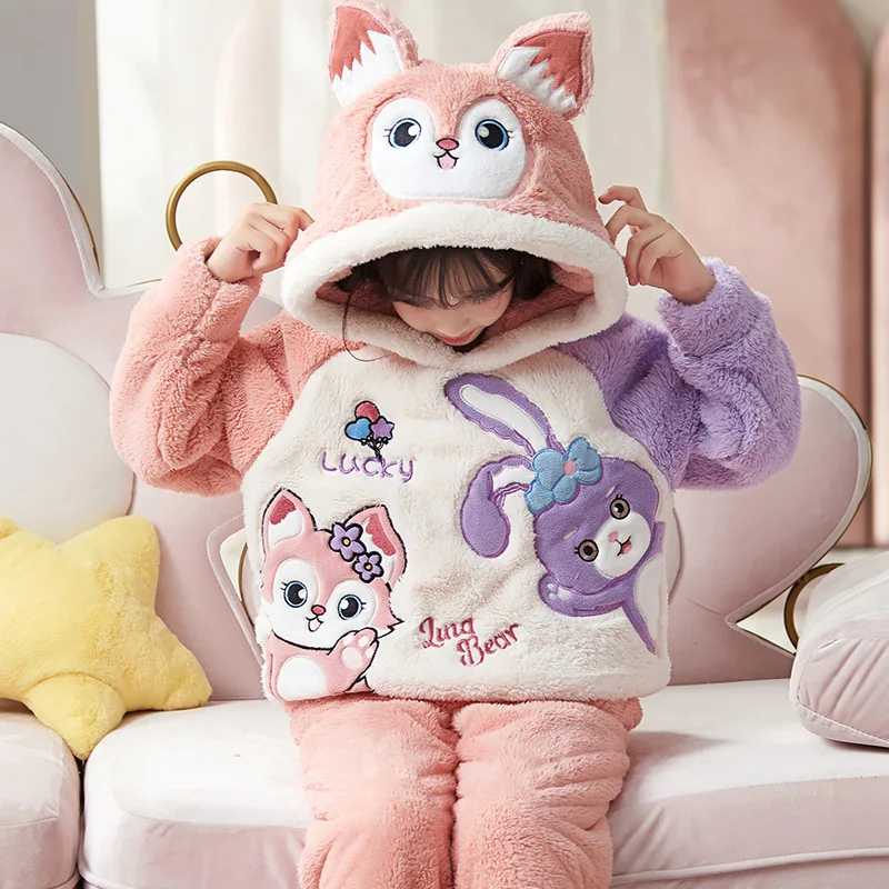 

Kawaii Linabell плюшевый пижамный костюм для девочек с героями мультфильмов Stellalou, зимний утепленный бархатный фланелевой теплый мягкий домашний костюм, одежда для дома, костюм