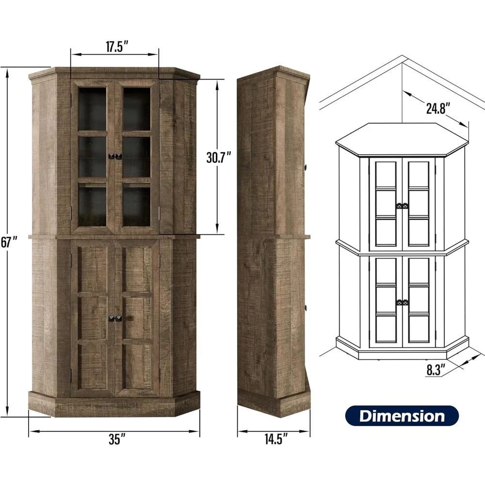 Corner Storage Cabinet, 67" Kitchen Corner Cabinet with Glass Doors, Farmhouse Tall Corner Display Cabinet with Adjustable Shelv