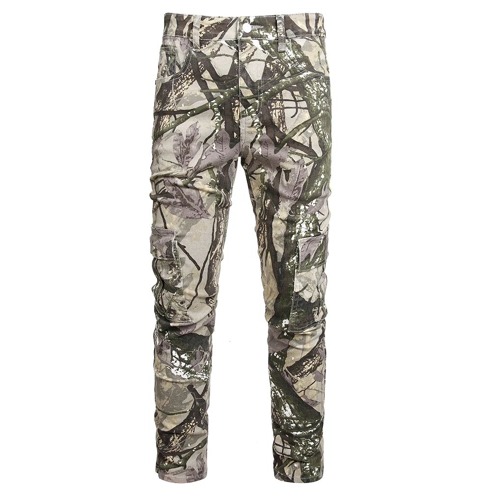 

Men Print Jeans Side Pockets Cargo Pants Jungle Leaf Pattern Stretch Denim Trousers