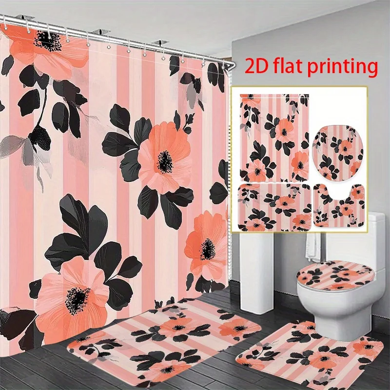 

4pcs 2D flat printing Shower Curtain Bathroom Set Floral Pattern with Stripes and Black Leaves. Non Slip Bathroom Mat, Toilet