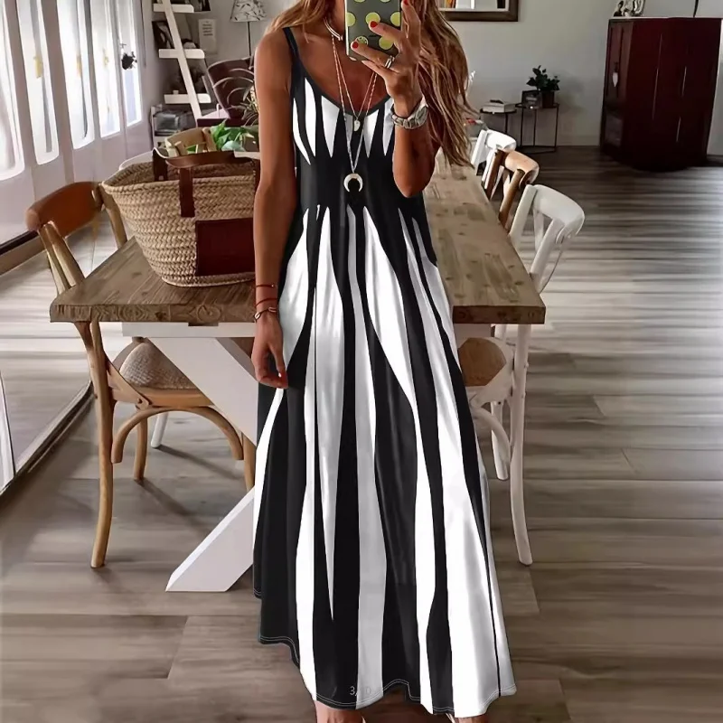 

2024Summer New Style Best-Selling Leisure Spaghetti-Strap Floral PrintVCollar Sleeveless Maxi Dress