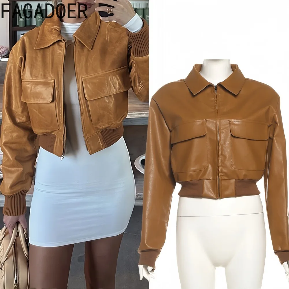

FAGADOER Sexy Leather Patchwork Bodycon Jacket for Woman Solid Color Long Sleeves Pocket Crop Top Female Streetwear Clothing New
