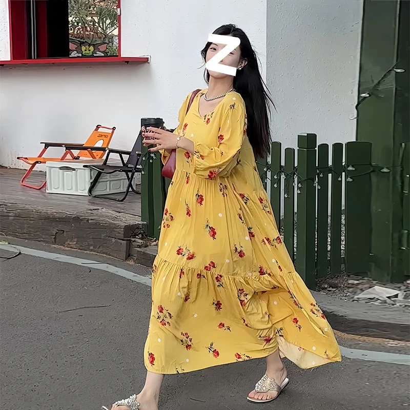 Vestido boho de algodão floral feminino verão solto ajuste casual estilo férias efeito fino elegante vestido maxi estampado