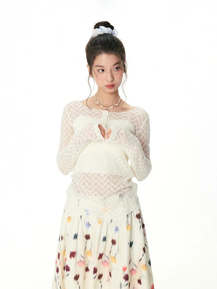 

Amweird Hollow out Long Sve Henry Collar Lazy irt T-irt Women's Lace Trim Dr Fragmentation Sle Slim Fit Pure Color