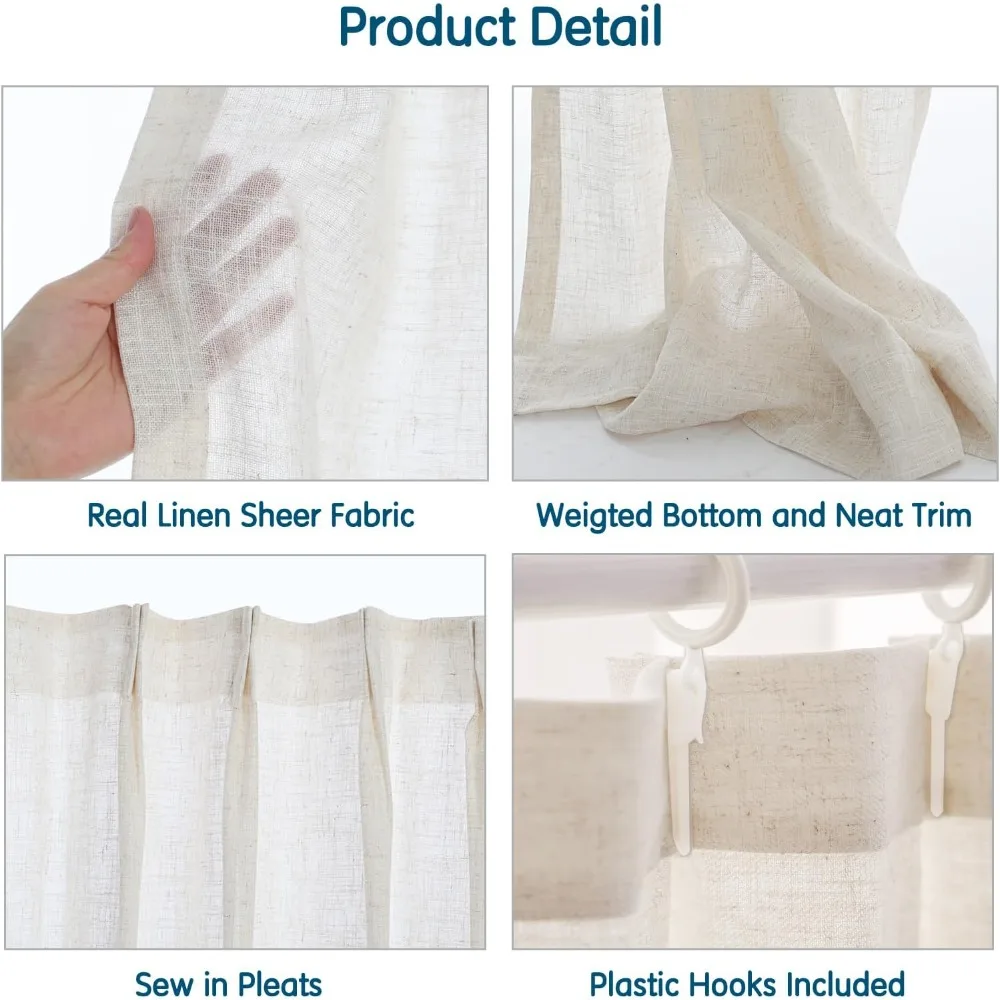ستائر شفافة من الكتان باللون البيج بطول 102 بوصة، ستائر ذات ثنيات قلم رصاص خفيفة، 42 عرض × 102 لتر، لوحتين #4