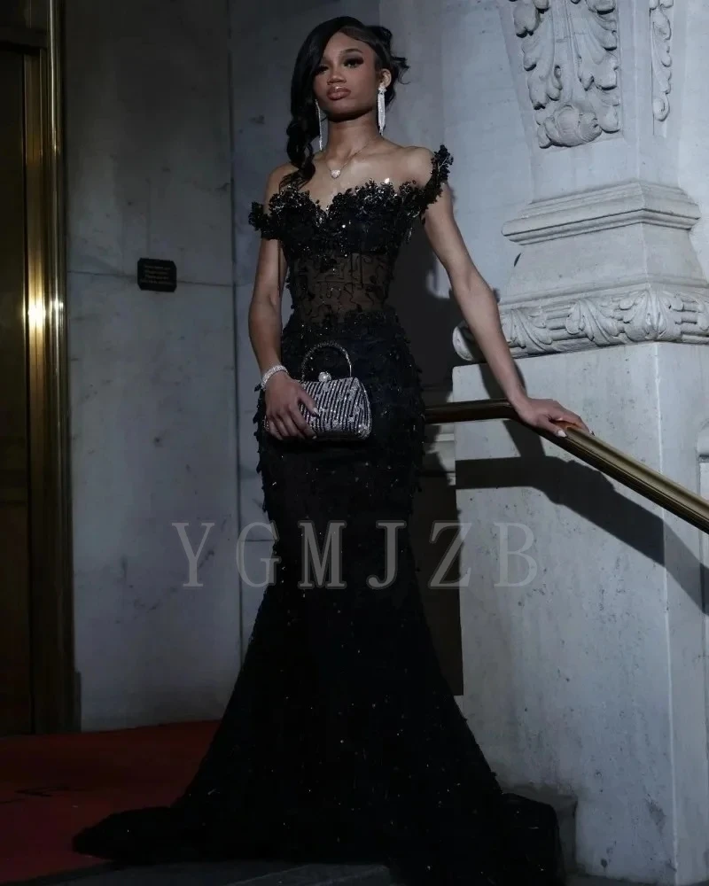 Black Rhinestones Long Prom Dresses Luxury 2026 Mermaid Beaded Corset Matric Dance African Evening Gowns Birthday Party Dress image 2
