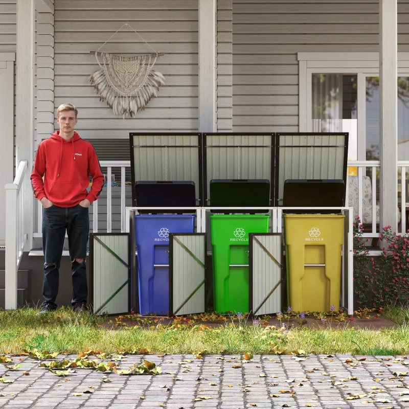 

Holds 3 Trash Cans Equipped With Pneumatic Support Rod Lockable Doors Waterproof Lid Chain For Patio Garden Backyard