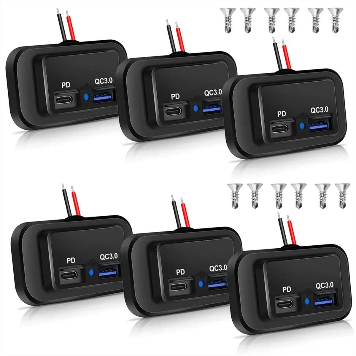 SSR 6PCS 12V/24V RV USB Outlet, Dual PD3.0 Type-C (USB C) & Quick Charge QC3.0 USB-A Port Panel Mount Car USB Socket Charger