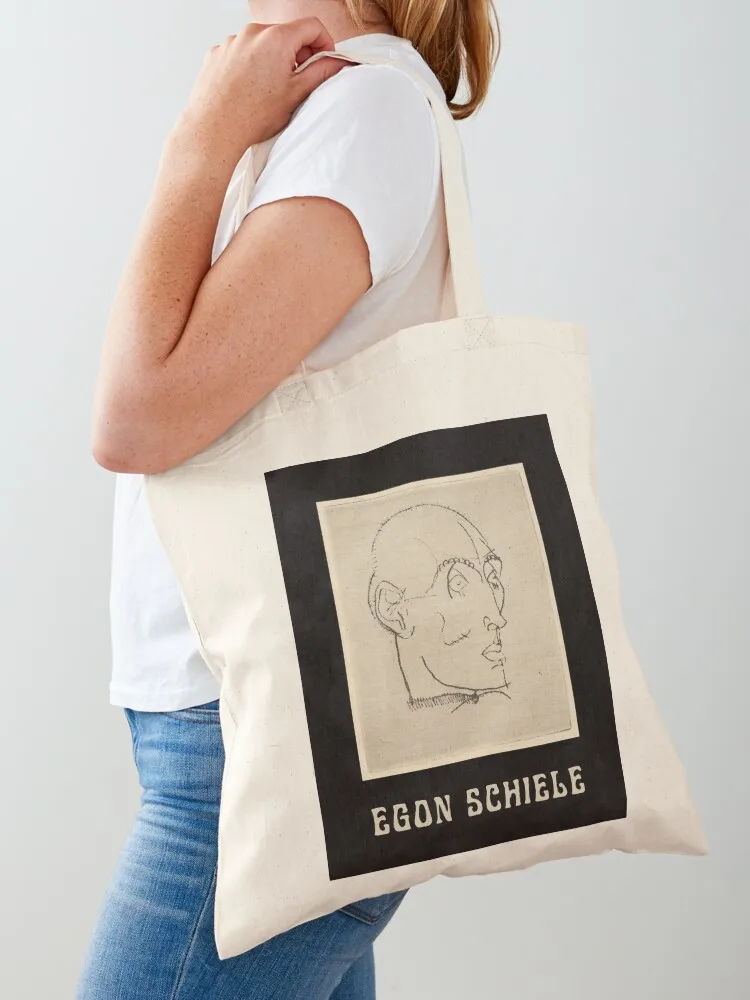 Egon Schiele Fine Art Drawing Portrait of a Man (1914) with Schiele's Name in Cream on Black Tote Bag Women's shopper bag