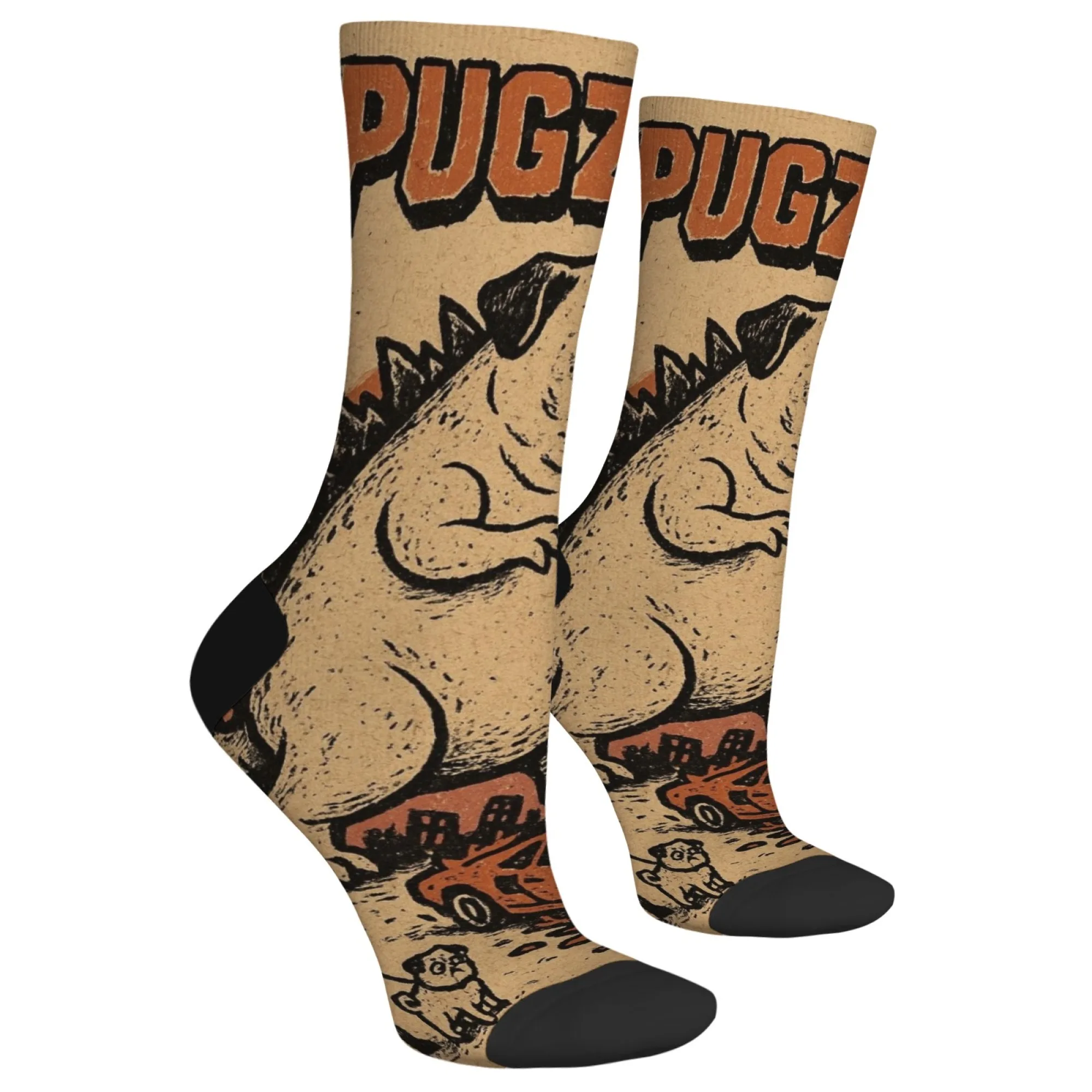 Retro Funny Dogzilla Pug Crew Socks, Vintage Cartoon Monster Print Socks, Unique Gift for Pet & Monster Movie Enthusiasts