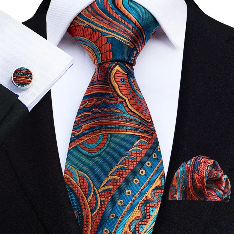 Luxury Mens Ties Floral Black Gold Ties Paisley Grid NeckTie Pocket Square Cufflinks Set Men\'s Wedding Party Tie