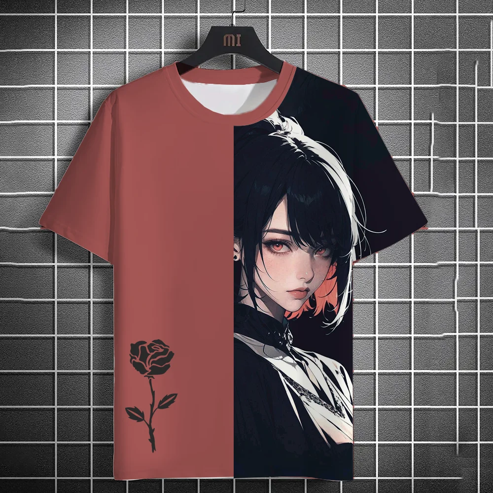 2024 summer new men's summer ancient style casual t-shirt 3d printing anime girls rose print high-end print unisex short sleeve