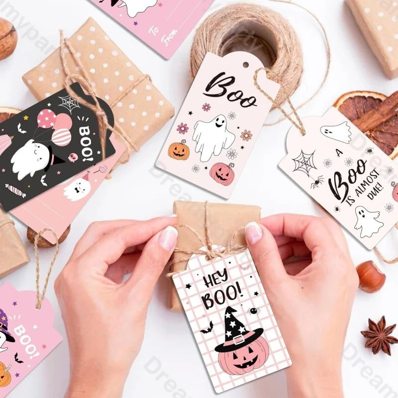 100 Stück mehrfarbige Halloween-Hängeetiketten aus Papier mit Seilschnur, Paket, Ornament, Dekoration, Cartoon-Kürbis, Hängekarte, Requisite ﻿ – Detail 5