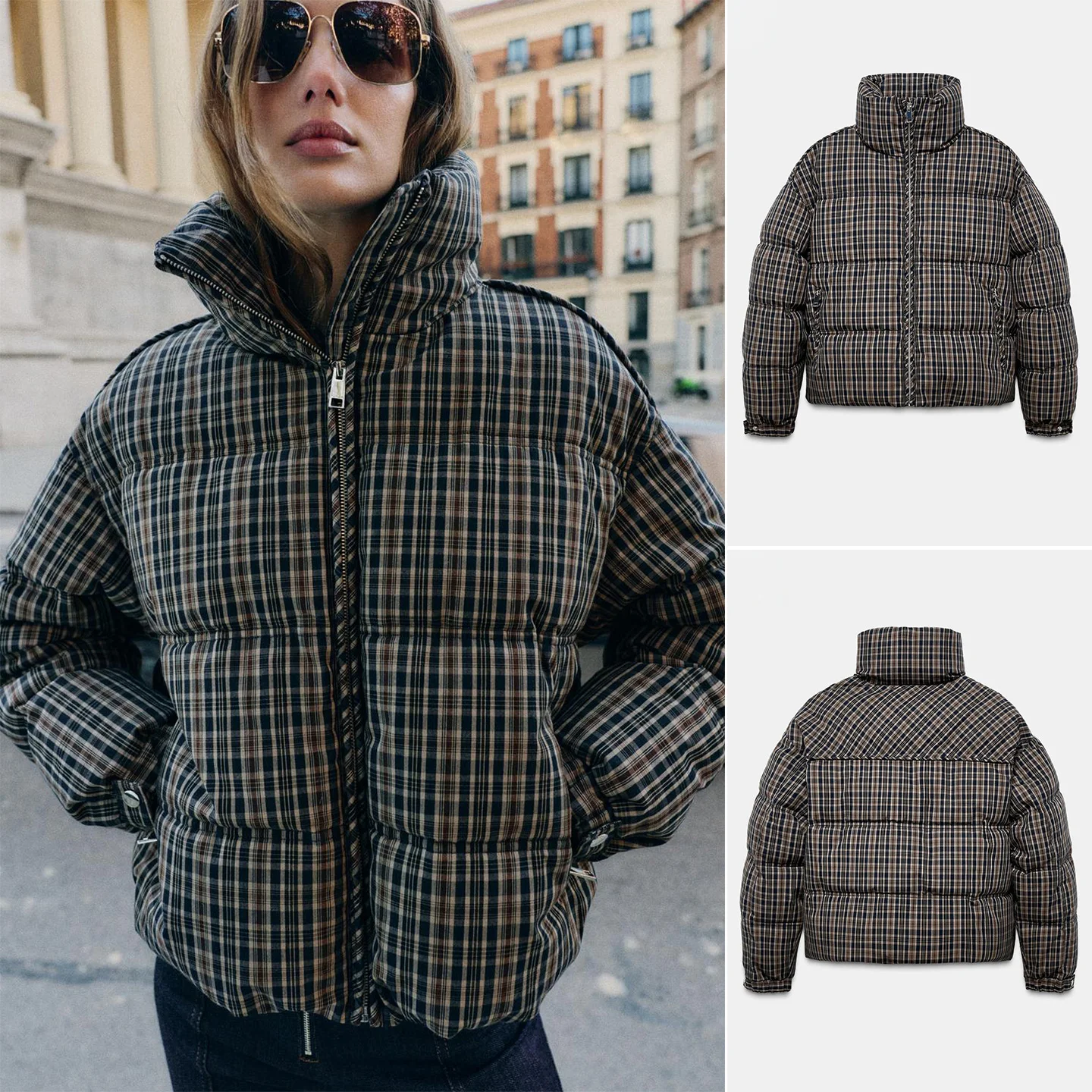 

Winter New Arrival Women's mat Sle Zipper Long Sve Stand Collar Plaid Cotton Jaet Coat Loose Fit Commute Faion