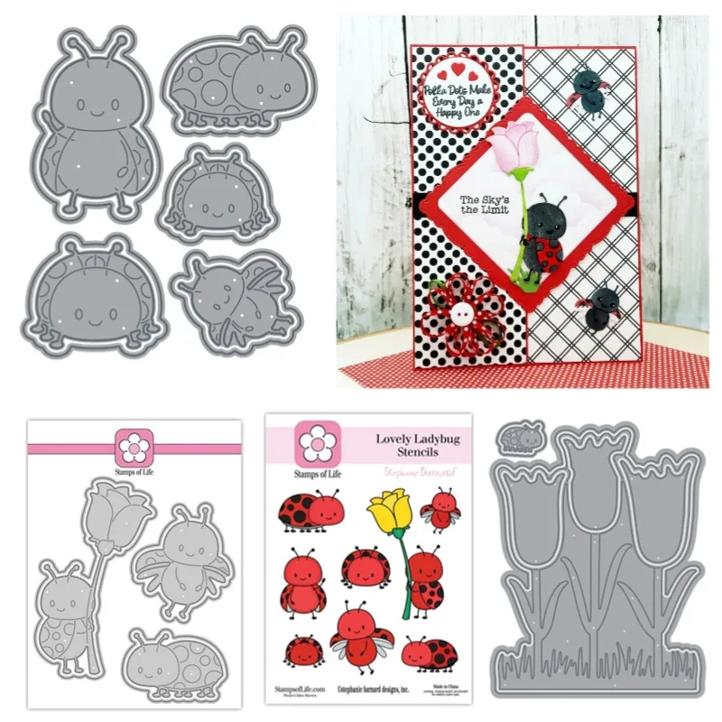 Animal Metal  Ladybugs Shaped Flowers Cutting Dies Silicone Stamps Scrapbooking Stencil Photo Album Card DIY Paper Embos