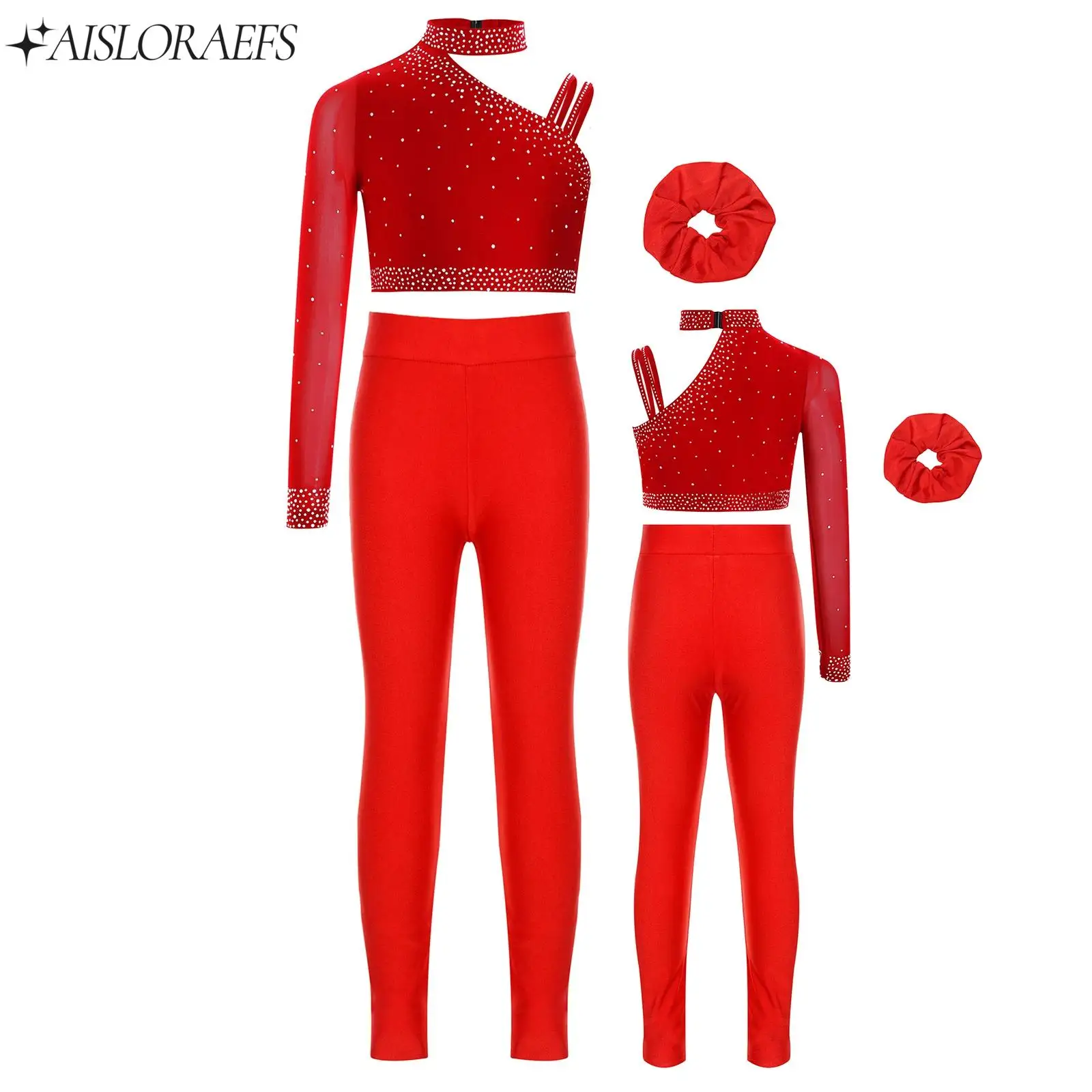 Girls Ballet Dance Outfit Unique Irregular Shoulder Rhinestones Crop Top with Hairband Leggings for Figure Skating Gymnastics