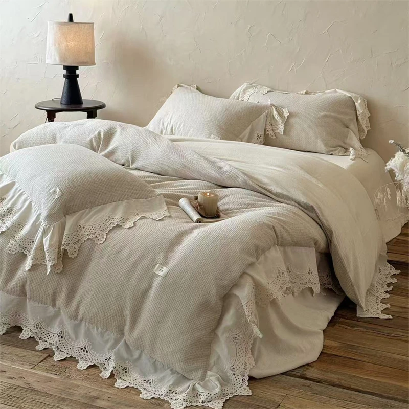 Vintage Lace Princess Bedding Set Double Queen King Size Natural Linen Cotton Duvet Cover Flat/Fitted Bed Sheet Pillowcases 4Pcs