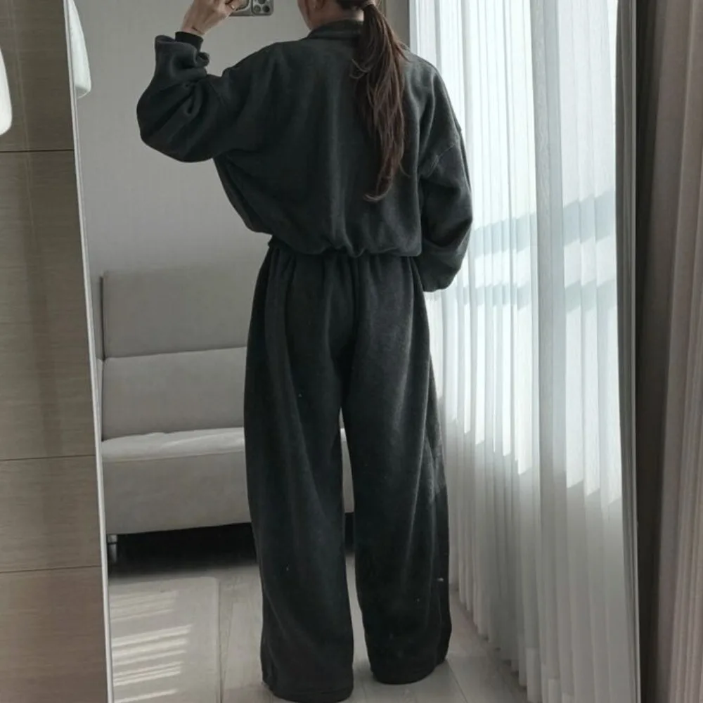 韓国風シックデザイン襟付き裏地付きスウェットトップス、伸縮性ウエストカジュアルワイドレッグパンツ、ツーピースセット、レディース服