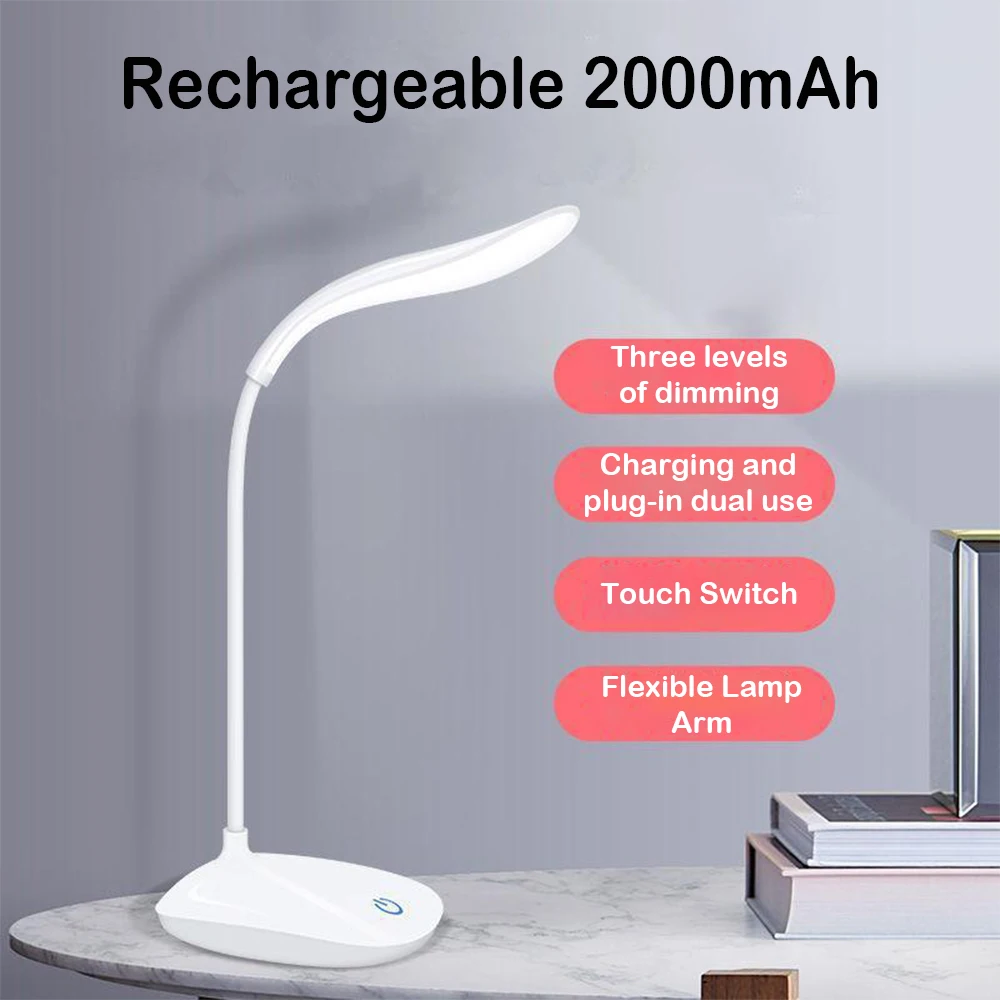 USB Rechargeable Touch Dimming Office Table Lamp LED Stand Lamp with Rechargeable Battery Eye Protection  Student Reading Lamp