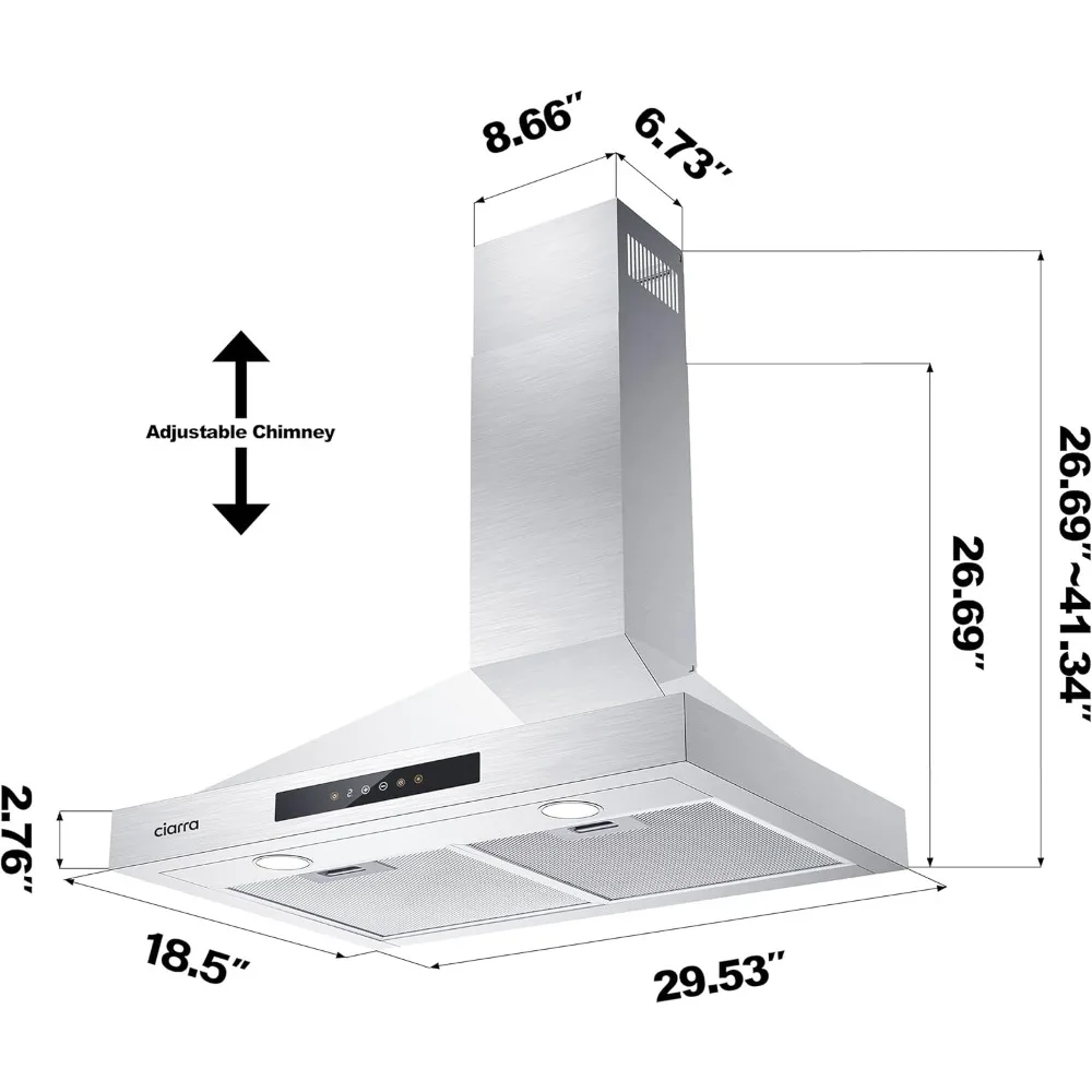 30 Inch Range Hood, 760m3/h Ducted Convertible Ductless Range Hood Vent in Stainless Steel