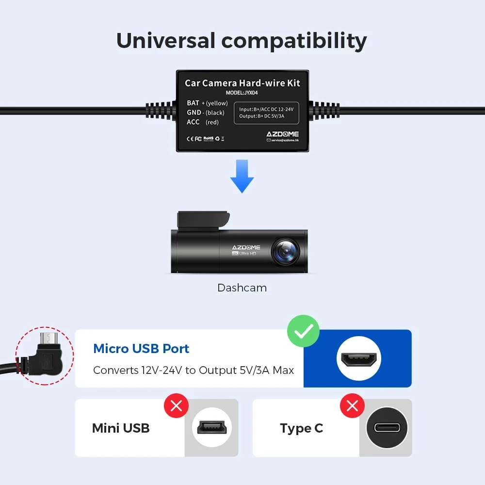 for AZDOME 4K M300S BN03 M300 Hardwire Kit for Car DVR 24H Parking Monitor Low Vol Protection Micro USB Port 12V-24V in 5V3A Out