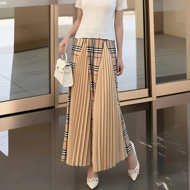Miyake Pleated New Fashion Retro Accordion Pants for Women Loose Pleated Wide-Leg Pants with Patchwork Print Casual Pants Pleat