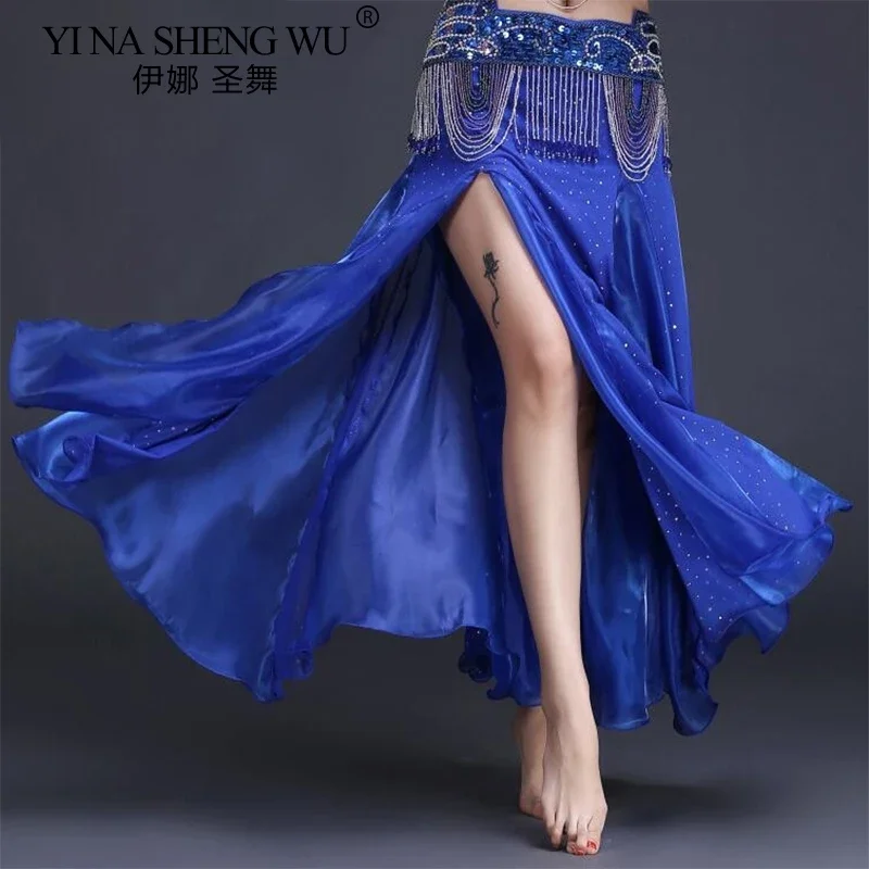 Belly Dance Skirt Oriental Dance Double Slits Skirt Belly Dance Costume Skirt Women Belly Dance Performance Skirt (Without Belt)