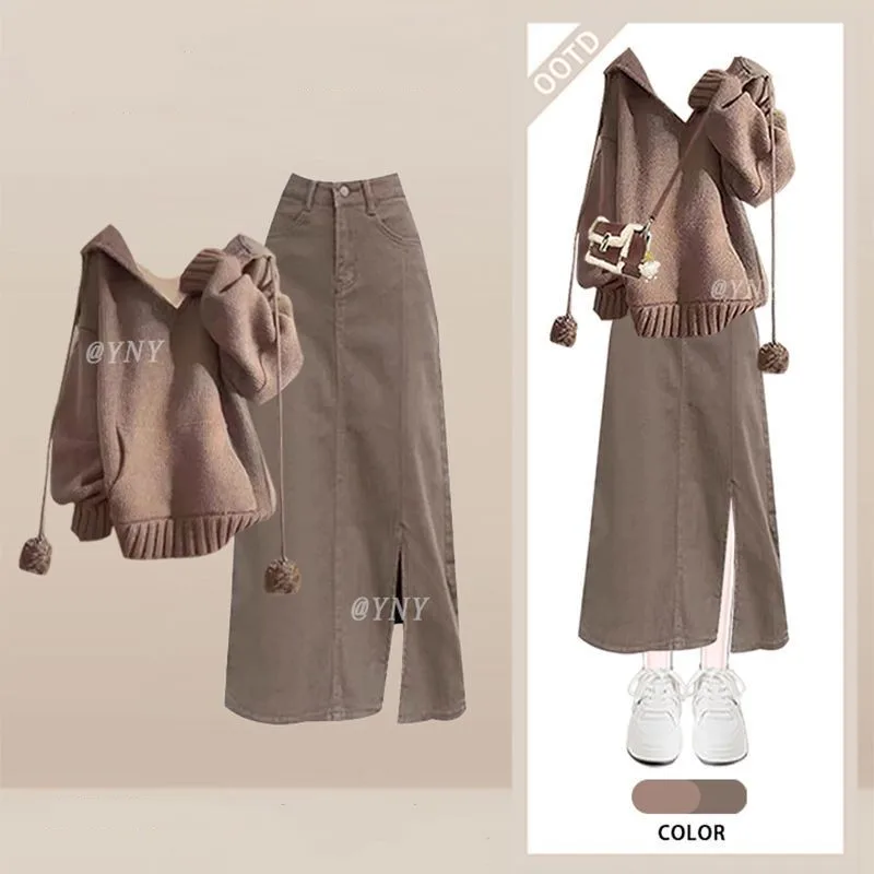 

Women Autumn/Winter New Vintage Dress Matching Set Korean Elegant Loose Knit Sweater Coat+Sexy Split Denim Skirt Two-Piece Suit