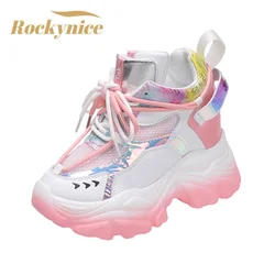 Kobiety Chunky Sneakers ukryte obcasy damskie buty na koturnie na co dzień wysoka podeszwa jesień oddychające buty z siatką kobiety 9.5CM tata Sneakers